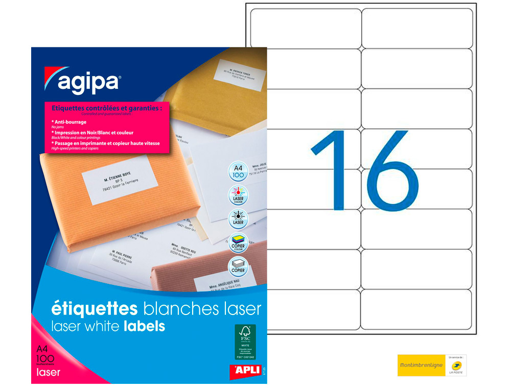 ÉTIQUETTE ADHÉSIVE APLI AGIPA IMPRIMANTE LASER COPIEUR 99.1X33.9MM COINS ARRONDIS BOÎTE 1600 UNITÉS