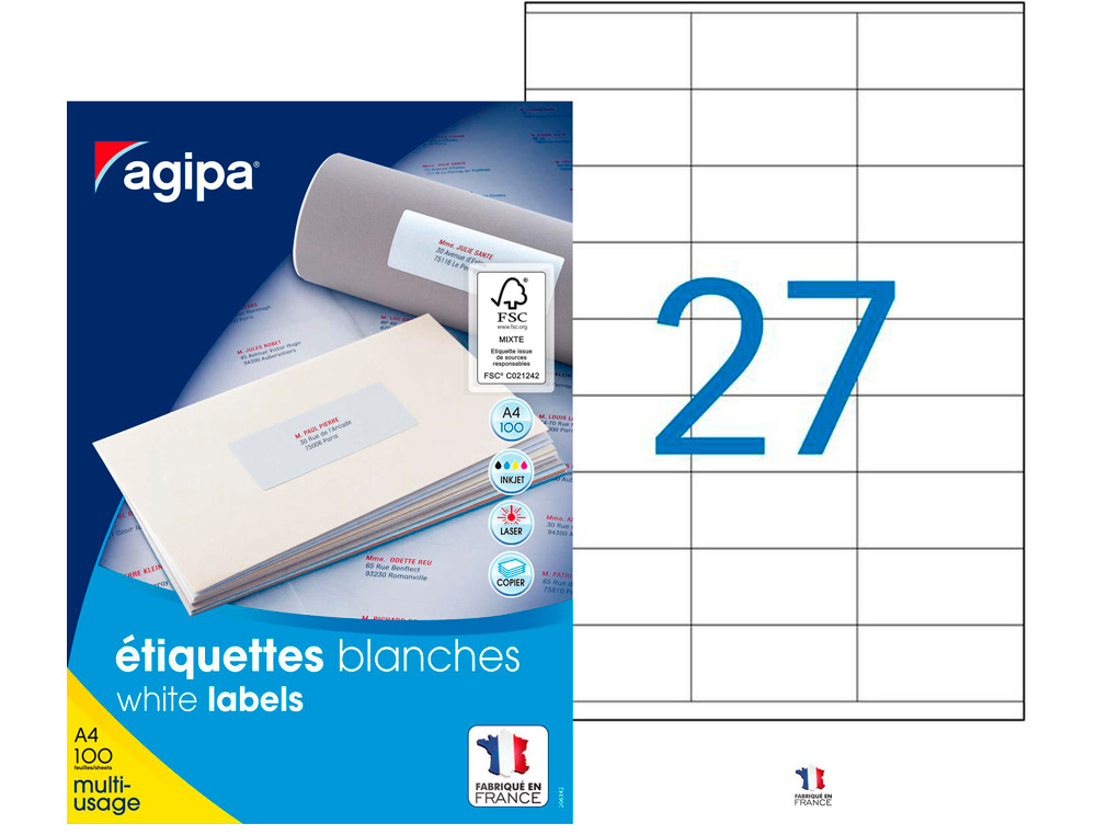 ÉTIQUETTE ADHÉSIVE APLI AGIPA MULTI-USAGE 70X31MM TOUTE IMPRIMANTE BOÎTE 2700 UNITÉS