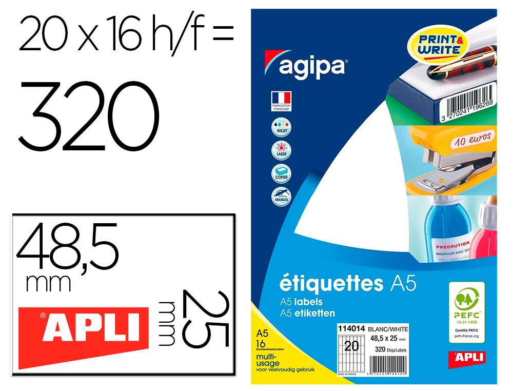 TIQUETTE ADHSIVE APLI AGIPA 48.5X25MM MULTIUSAGE TUI A5  320U