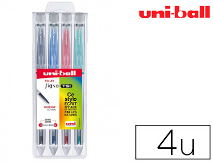 ROLLER UNIBALL SIGNO TSI ENCRE GEL EFFAABLE POINTE MOYENNE TRAC 0.7MM COLORIS CLASSIQUES ASSORTIS POCHETTE 4 UNITS