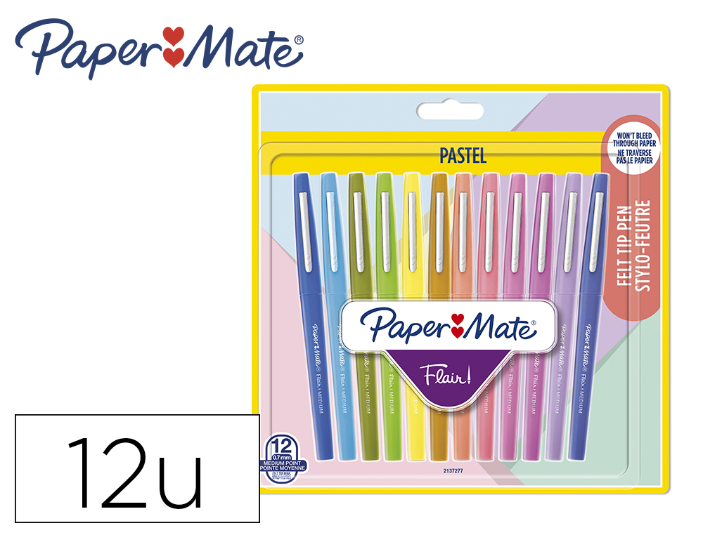 FEUTRE ECRITURE PAPER MATE FLAIR PASTEL POINTE NYLON     0,7MM BOUCHON VENTILE CLIP    METAL BLISTER 12 UNITES