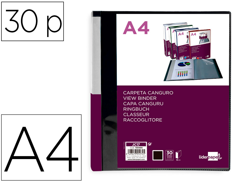 PROTEGE-DOCUMENTS LIDERPAPEL PERSONNALISABLE KANGOUROU     POLYPROPYLENE 30 POCHETTES    FIXES A4 COLORIS NOIR OPAQUE