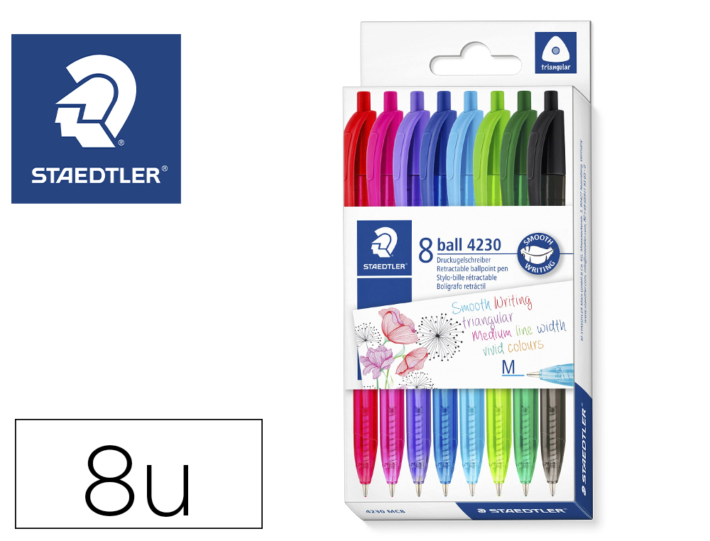 STYLO-BILLE STAEDTLER BALL 4230 M TRIANGULAIRE RETRACTABLE ERGONOMIQUE POINTE MOYENNE COLORIS ASSORTIS BOITE 8 UNITES
