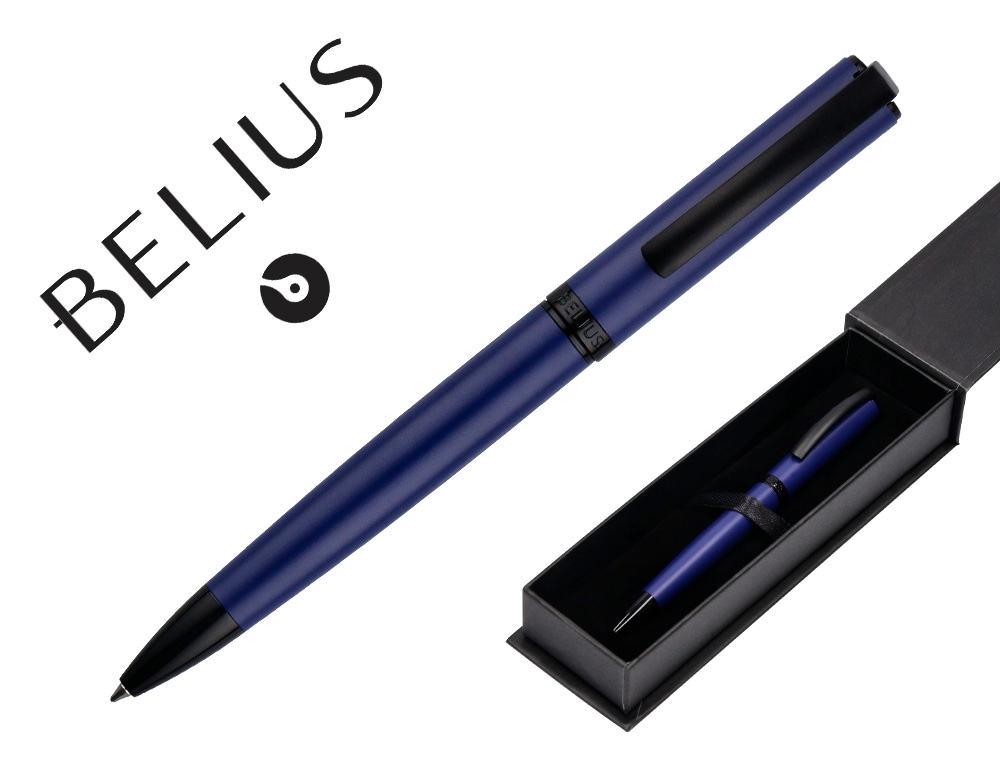 STYLO-BILLE BELIUS TURBO ALUMINIUM TEXTURE POINTILLEE ATTRIBUTS NOIR ENCRE BLEUE COLORIS BLEU DANS COFFRET CADEAU