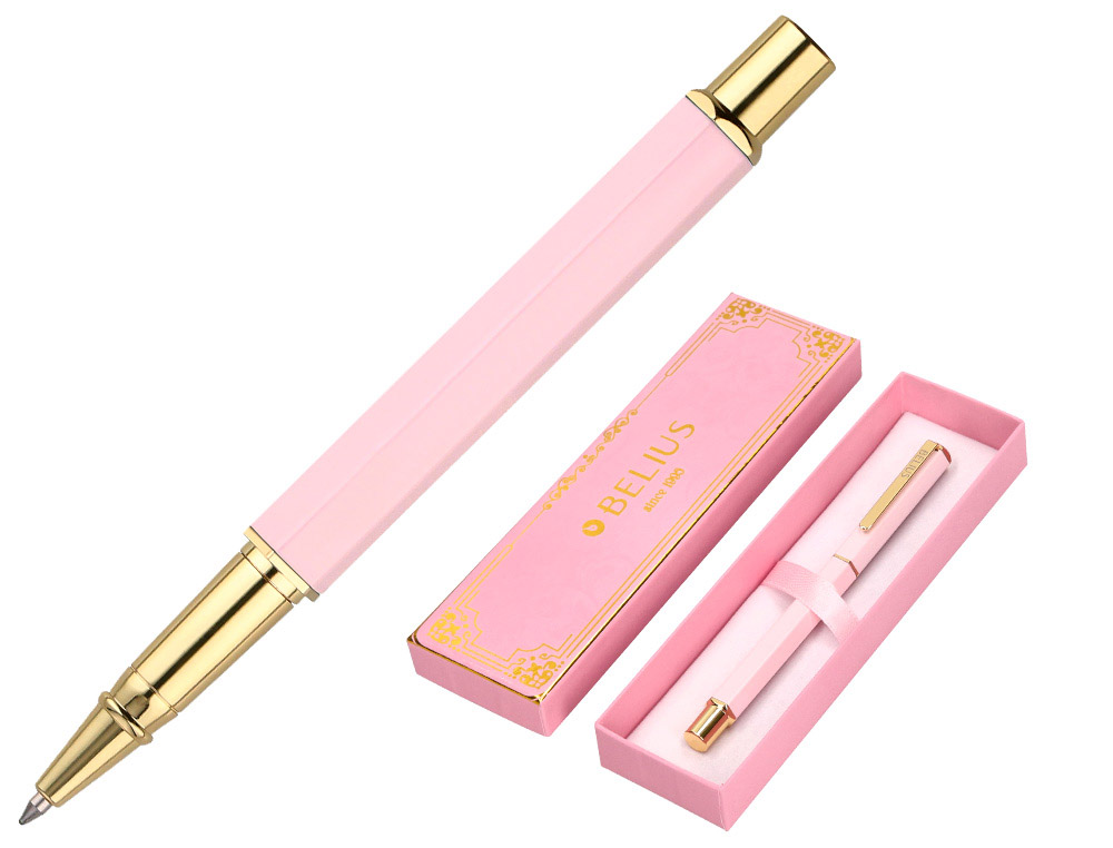 STYLO-BILLE BELIUS MACARON BLISS HEXAGONAL ALUMINIUM DETAILS ET ATTRIBUTS OR ENCRE BLEUE COLORIS ROSE COFFRET CADEAU