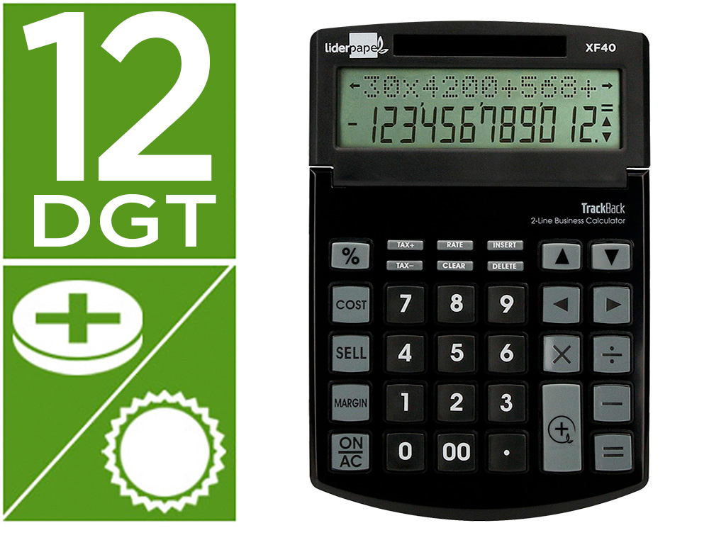 CALCULATRICE DE BUREAU LIDERPAPEL XF40 12 CHIFFRES   DOUBLE LIGNE SOLAIRE ET PILES 175X120X30MM COLORIS NOIR
