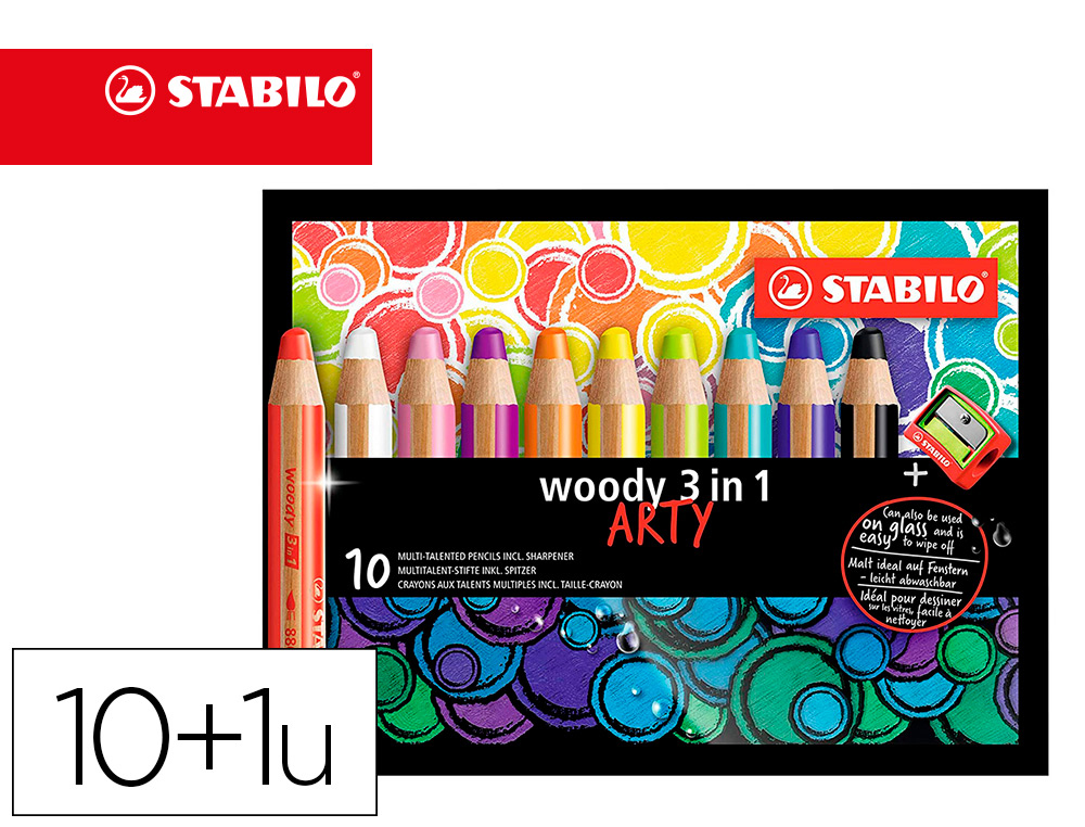 CRAYON COULEUR STABILO WOODY MULTI TALENTS 10 CRAYONS 3 EN 1 ARTY + 1 TAILLE CRAYON