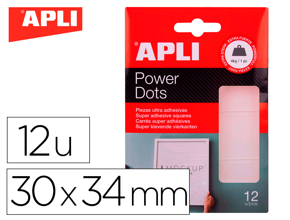 RECTANGLES APLI DOUBLE-FACE ADHESIF EXTRA FORT POWER DOTS TRANSPARENT PREMIUM 30X34MM.  BLISTER DE 12