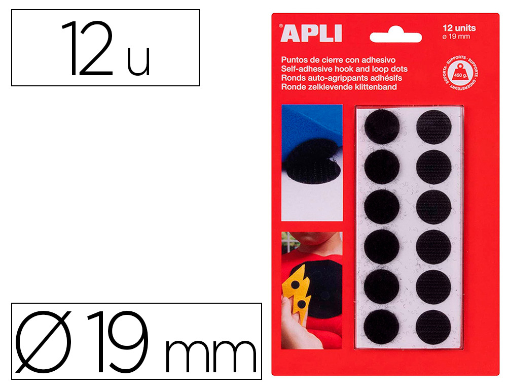 PASTILLES APLI RONDES AUTO AGRIPPANT ADHESIF DIAMETRE    19MM NOIR . BLISTER DE 12