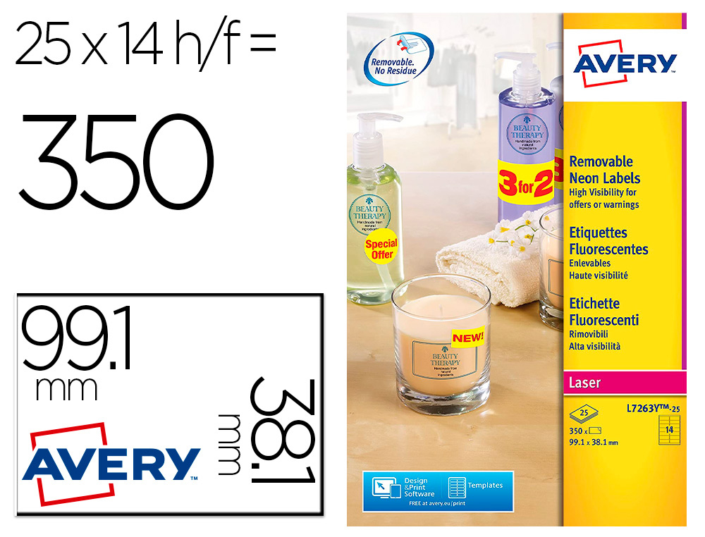 ETIQUETTE AVERY FLUORESCENTE LASER JAUNE  99,1 X 38,1 MM   BOITE DE 350