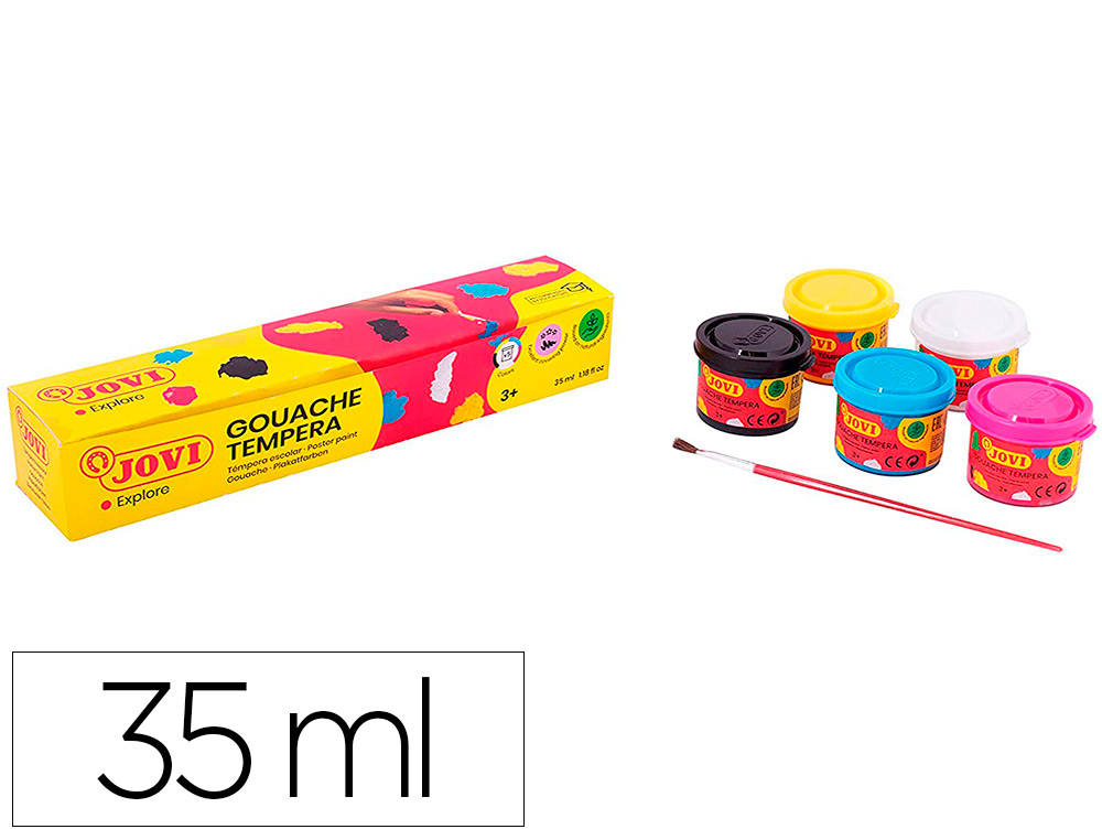 GOUACHE SCOLAIRE JOVI A BASE D'EAU COULEUR ASSORTIES 5     POTS DE 35 ML + PINCEAU