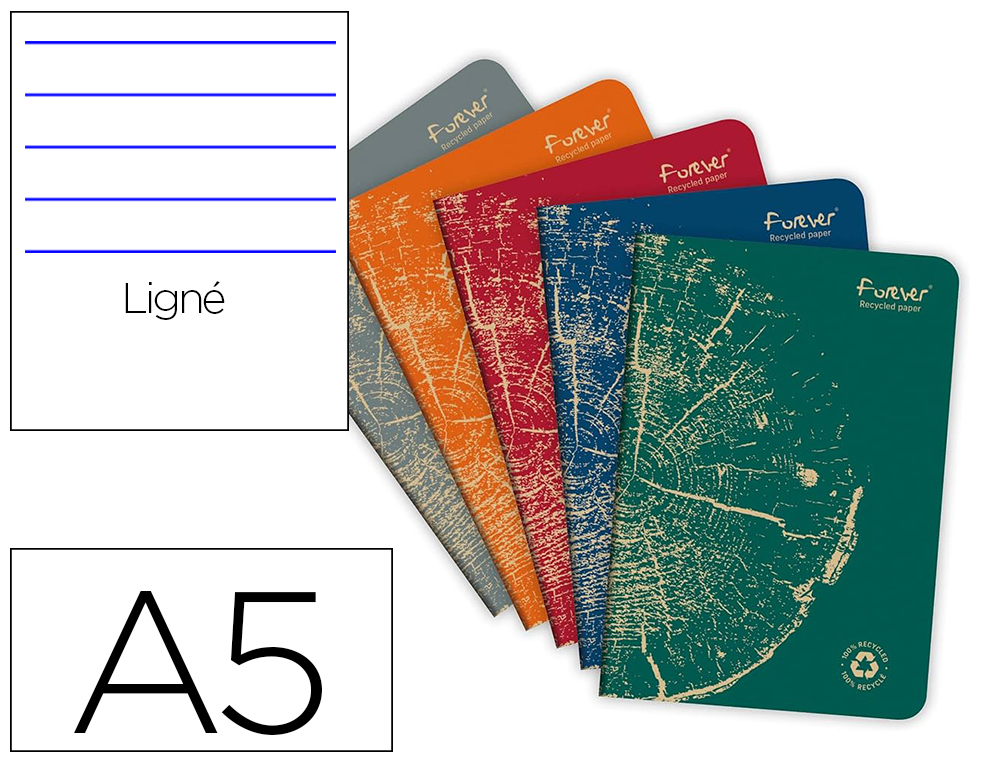 CAHIER CLAIREFONTAINE FOREVER PREMIUM A5 90G RECYCLE 96     PAGES LIGNE COLORIS ASSORTIS
