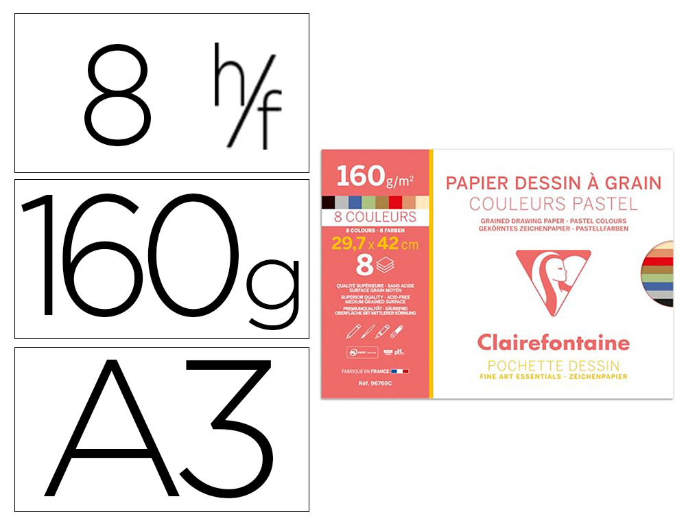 PAPIER DESSIN   GRAIN CLAIREFONTAINE A3 ASSORTIMENT PASTEL 160GR  8F
