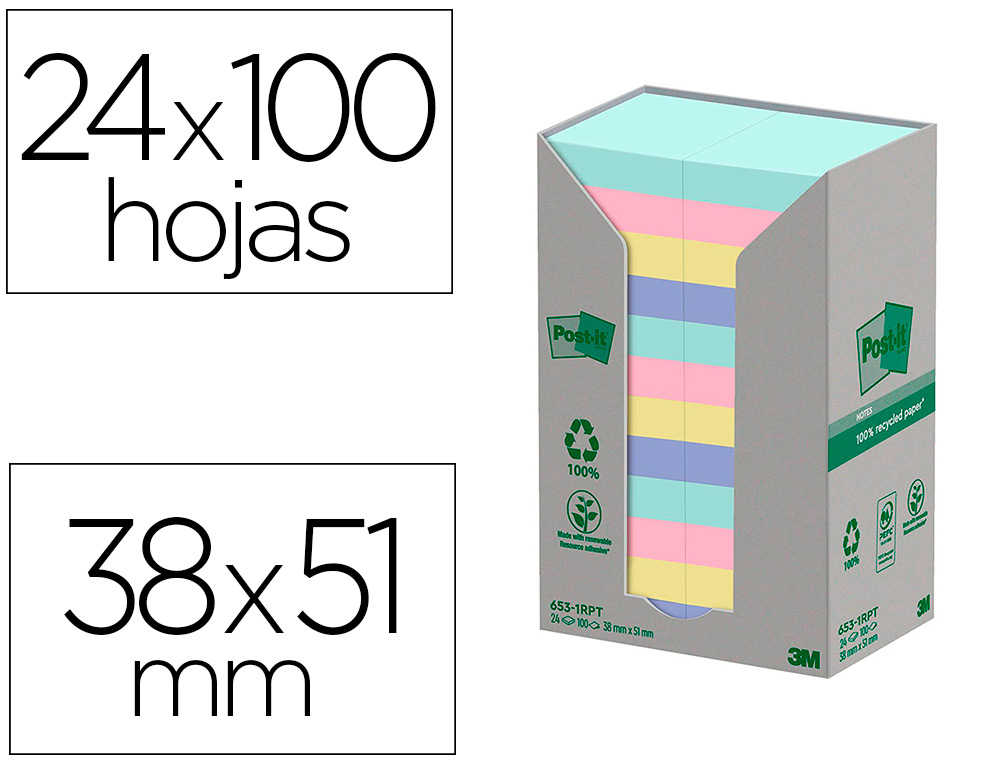 BLOC-NOTES POST-IT 24 BLOCS X 100 FEUILLES 38X51MM COLORIS  ASSORTIES