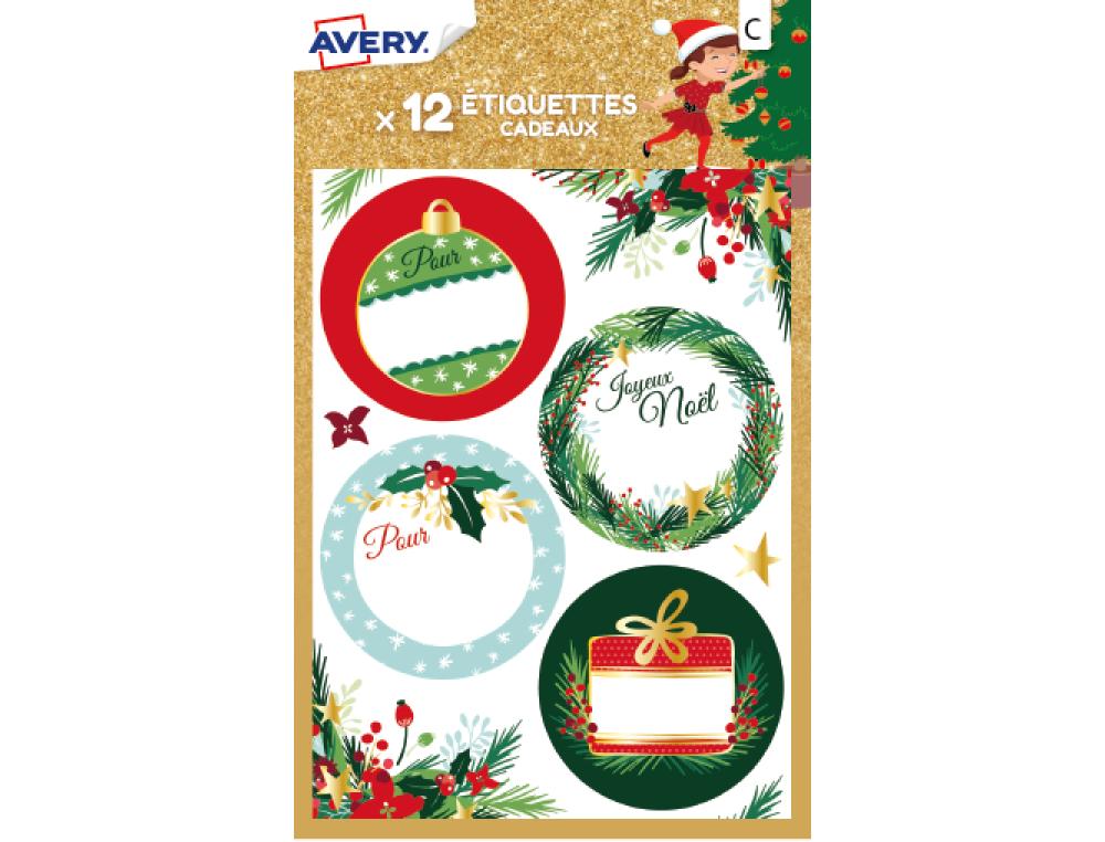 ETIQUETTES CADEAUX AVERY NOEL MOTIFS TRADITIONNELS FLORAL   POCHETTE DE 12