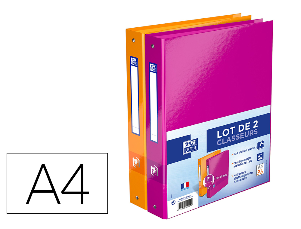 CLASSEUR OXFORD BICOLOR RECYCL+ A4 4 ANNEAUX DOS DE 40MM 280X320MM COLORIS ASSORTIS