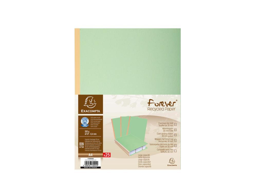 CHEMISE EXACOMPTA CARTE 240X320MM 320G DOCUMENTS A4 210X297MM SOUFFLET DOS TOILE 30MM COLORIS VERT PAQUET 25 UNITES