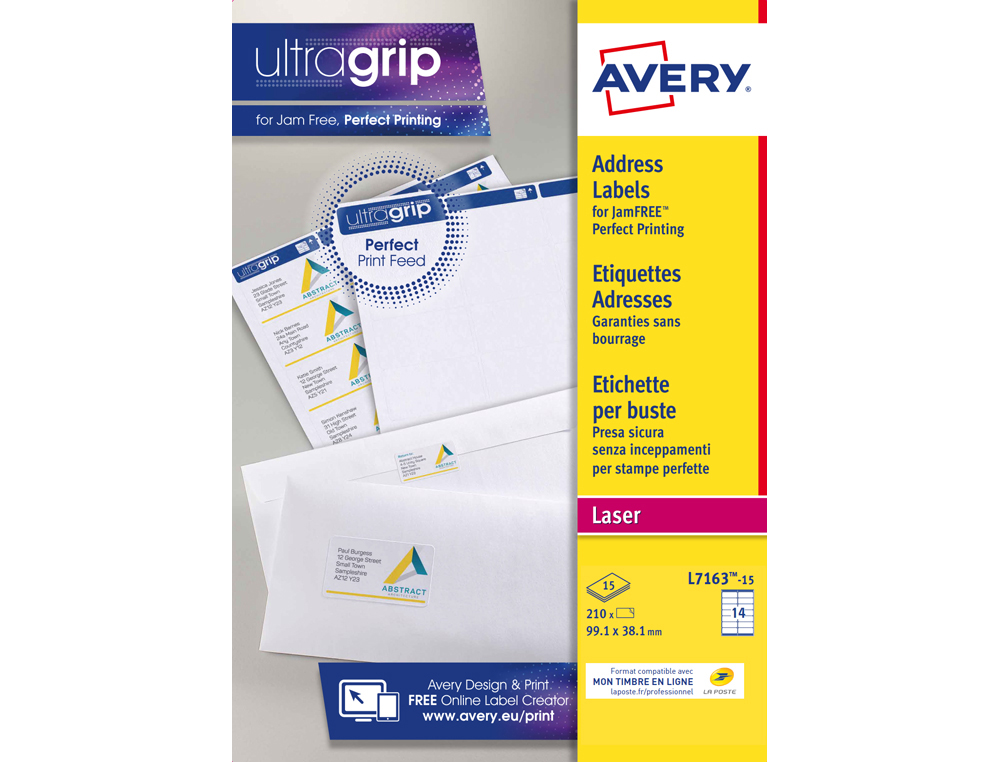 ETIQUETTE EXPEDITION AVERY IMPRESSION LASER 99,1X38,1MM  COLORIS BLANC POCHETTE 210    UNITES