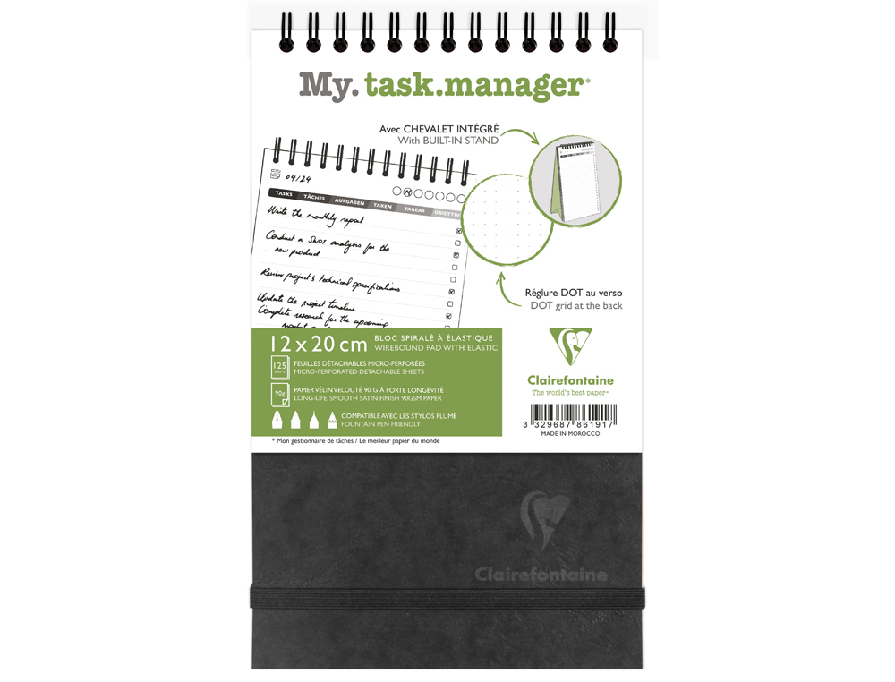 BLOC CLAIREFONTAINE MY TASK MANAGER NOMADDICT RELIURE INTEGRALE 120X200MM 250P DETACHABLES REGLURE PRE-IMPRIMEE NOIR