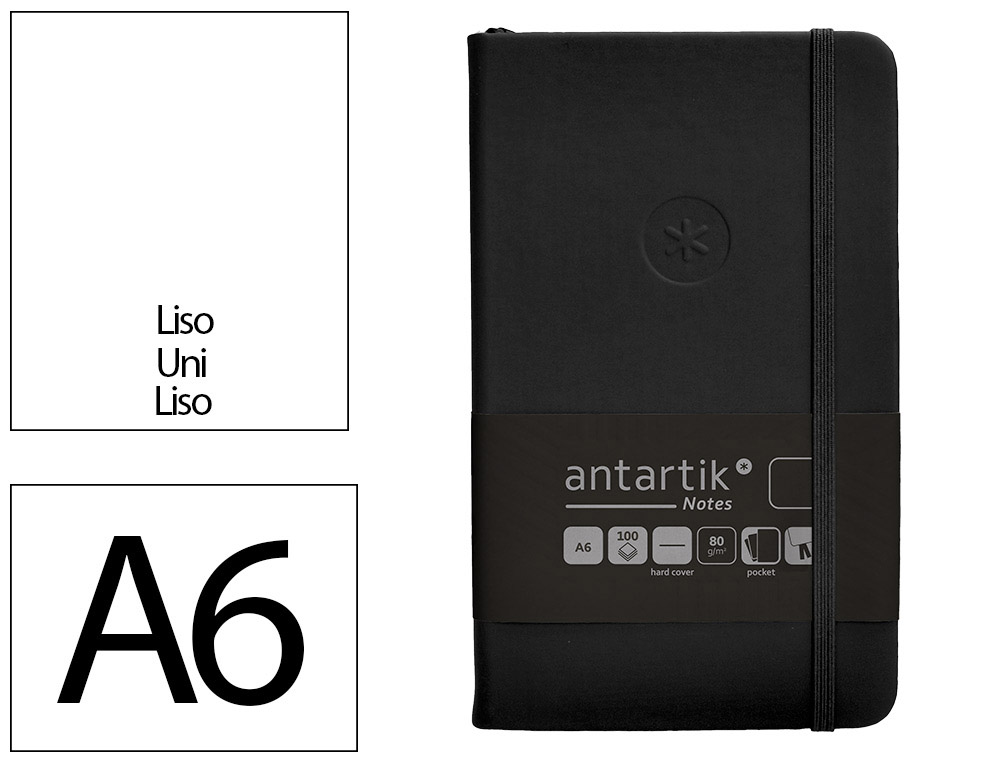 CARNET A6 ANTARTIK NOTES PAPIER UNI IVOIRE COUVERTURE  RIGIDE FERMETURE ELASTIQUE 100PAGES 80GR COLORIS NOIR