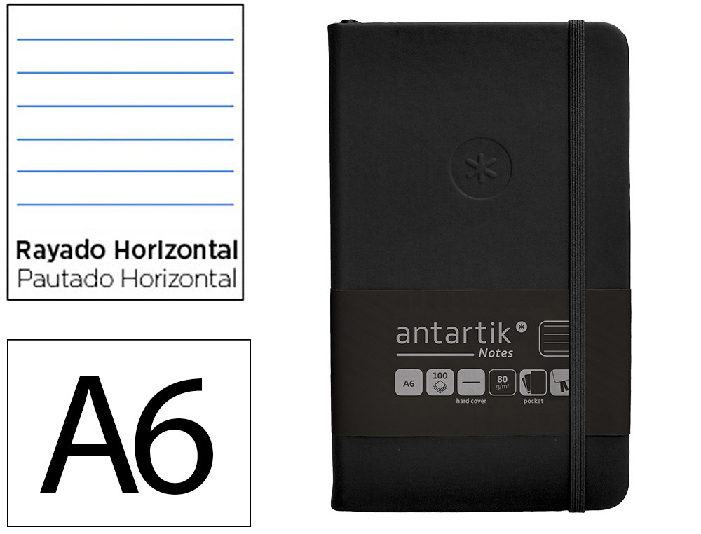 CARNET A6 ANTARTIK NOTES LIGNECOUVERTURE RIGIDE FERMETURE   ELASTIQUE 100 PAGES 80GR      COLORIS NOIR