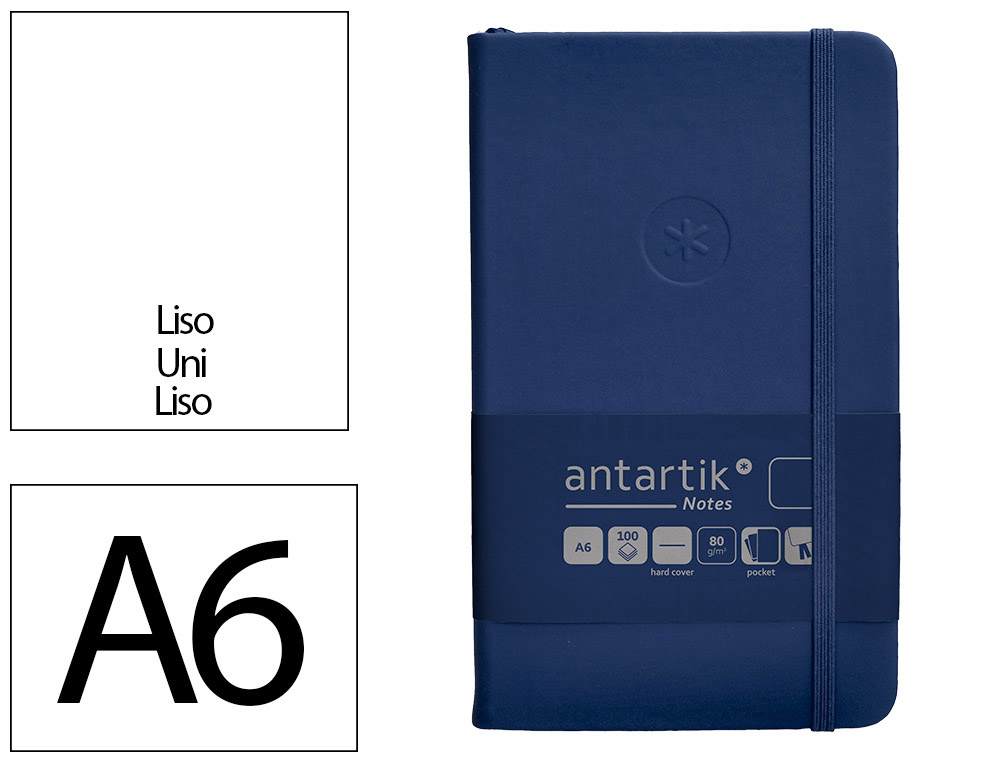 CARNET A6 ANTARTIK NOTES PAPIER UNI IVOIRE COUVERTURE  RIGIDE FERMETURE ELASTIQUE 100PAGES 80GR COLORIS BLEU MARINE