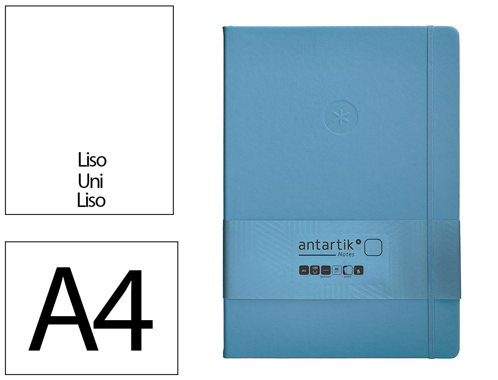 CARNET A4 ANTARTIK NOTES PAPIER UNI IVOIRE COUVERTURE  RIGIDE FERMETURE ELASTIQUE 200PAGES 80GR COLORIS BLEU CIEL