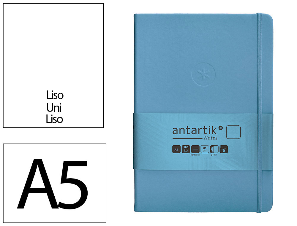 CARNET A5 ANTARTIK NOTES PAPIER UNI IVOIRE COUVERTURE  RIGIDE FERMETURE ELASTIQUE 200PAGES 80GR COLORIS BLEU CIEL