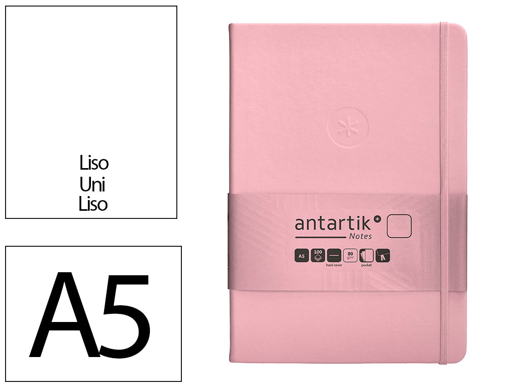 CARNET A5 ANTARTIK NOTES PAPIER UNI IVOIRE COUVERTURE  RIGIDE FERMETURE ELASTIQUE 100PAGES 80GR COLORIS ROSE PASTEL