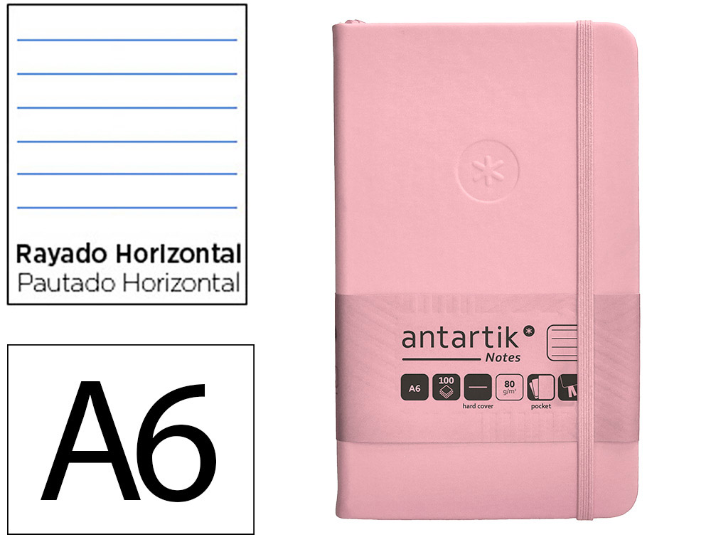 CARNET A6 ANTARTIK NOTES LIGNECOUVERTURE RIGIDE FERMETURE   ELASTIQUE 100 PAGES 80GR      COLORIS ROSE PASTEL