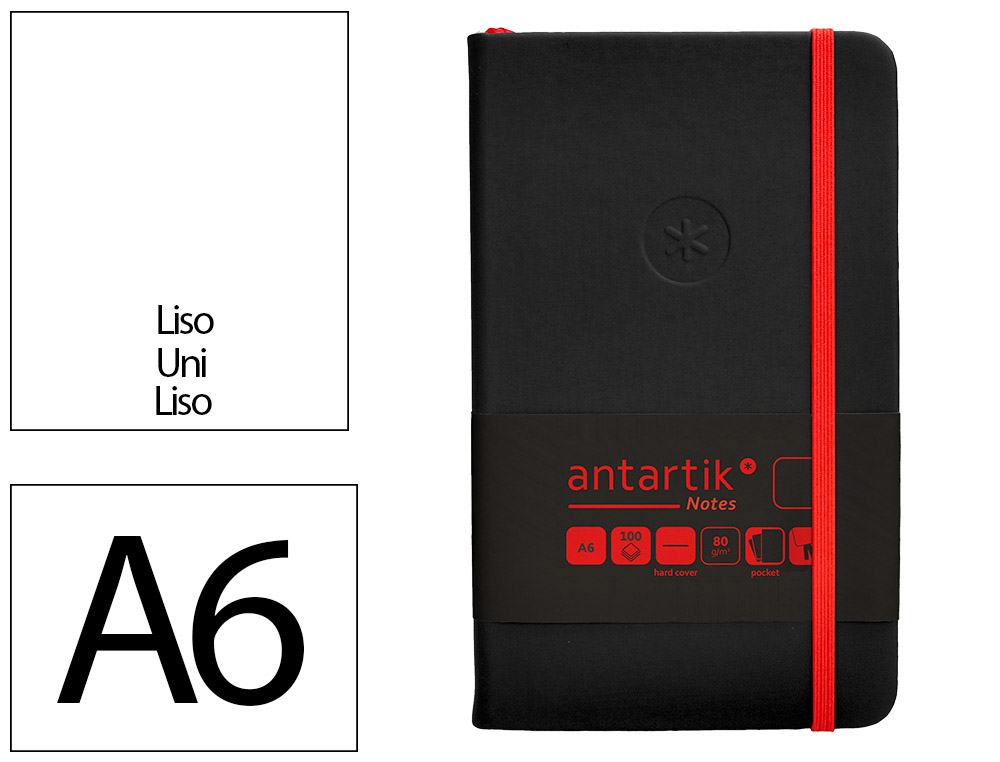 CARNET A6 ANTARTIK NOTES PAPIER UNI IVOIRE COUVERTURE RIGIDE FERMETURE ELASTIQUE ROUGE 200 PAGES 80GR COLORIS NOIR
