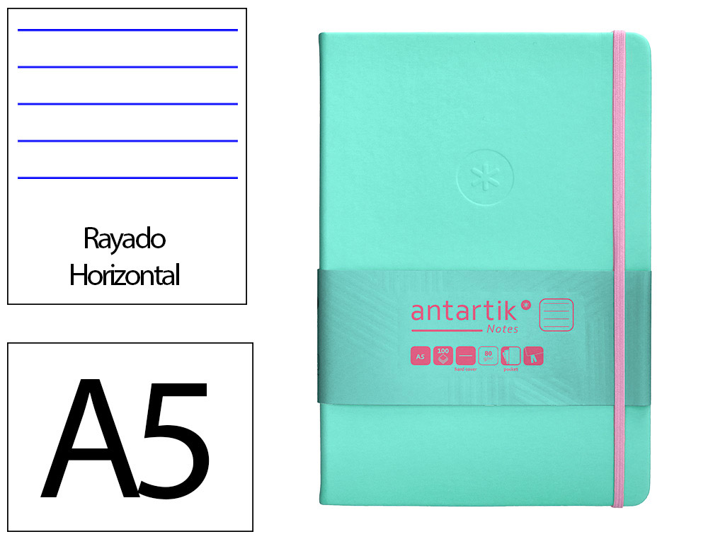 CARNET FERMETURE ELASTIQUE ROSE ANTARTIK NOTES COUVERTURERIGIDE A5 LIGNE 100 FEUILLES  80GR FSC COLORIS TURQUOISE