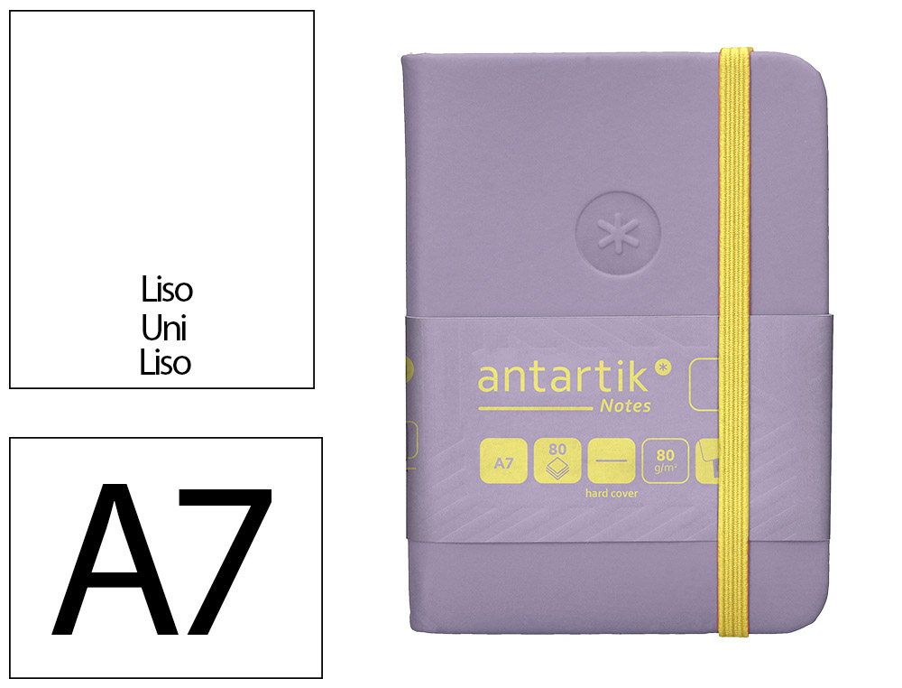 CARNET A7 ANTARTIK NOTES PAPIER UNI IVOIRE COUVERTURE RIGIDE FERMETURE ELASTIQUE JAUNE 80  PAGES 80GR COLORIS LILAS