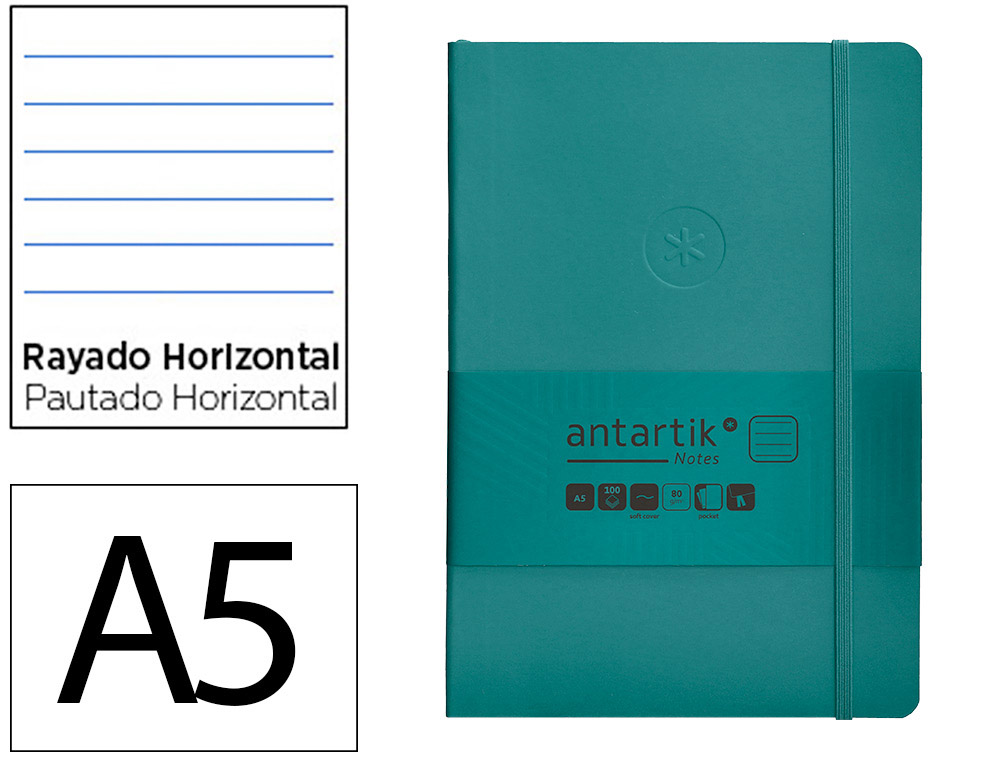 CARNET FERMETURE ELASTIQUE ANTARTIK NOTES COUVERTURE     SOUPLE A5 LIGNE 100 FEUILLES  80GR FSC COLORIS VERT PAON