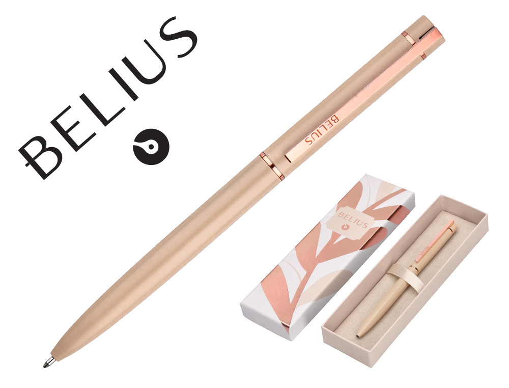 STYLO-BILLE BELIUS ROSE CORPS ALUMINIUM ENCRE BLEUE COLORIS BEIGE CLAIRE OR ROSE BOITE    DESIGN