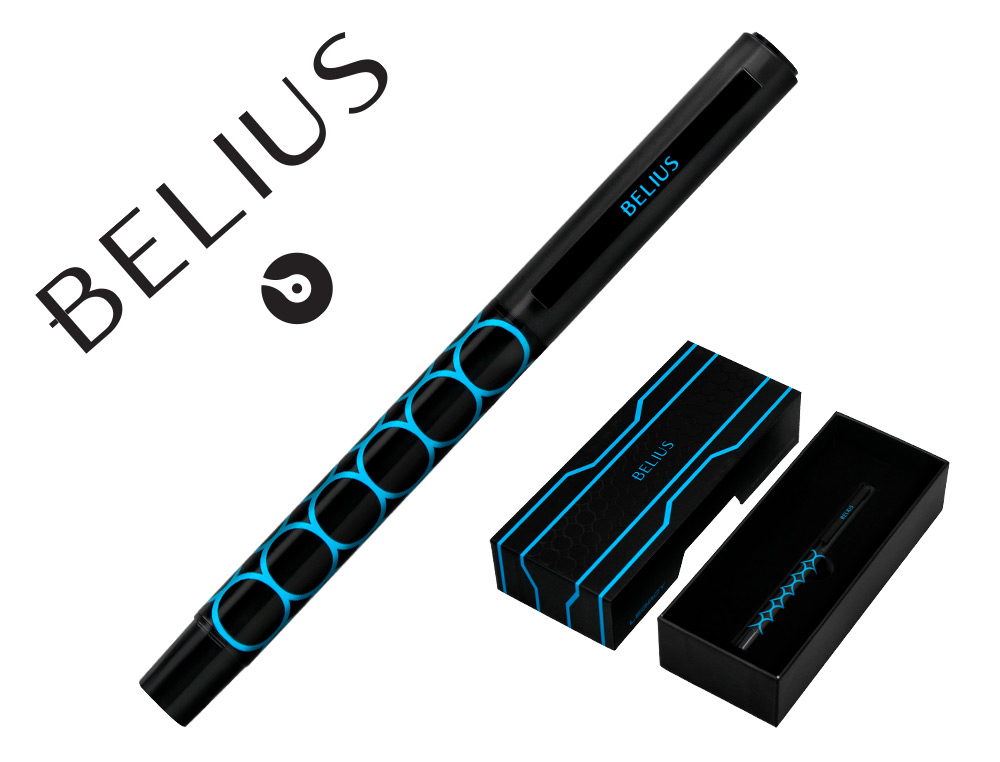 STYLO-BILLE BELIUS LEGACY ALUMINIUM ENCRE BLEUE DESIGN  CERCLES BLEUX CORPS NOIR      BOITE DESIGN
