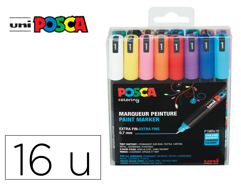 MARQUEUR POSCA PC1MR POINTE CALIBREE EXTRA FINE TRAIT     0,7MM COLORIS ASSORTIS BOITE  16 UNITES