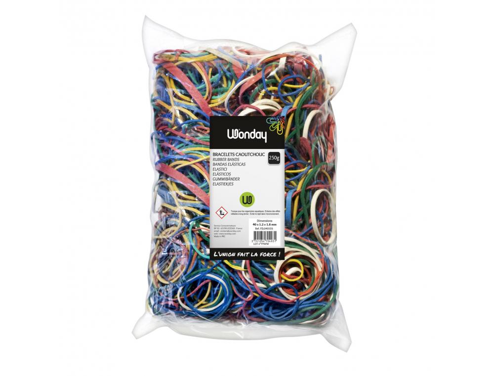 BRACELET CAOUTCHOUC WONDAY DIMENSIONS ET COLORIS         ASSORTIS SACHET 250G
