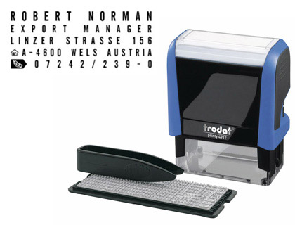 TAMPON TRODAT PRINTY 4913T IMPRIMERIE MINI TIMBRE POLICES 3/4MM 5 LIGNES MAXIMUM ENCRE NOIRE ET BLEUE 58X22MM