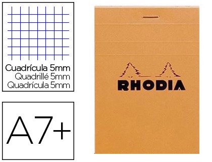 BLOC BUREAU RHODIA A7+ PAPIER VLIN SURFIN COUVERTURE ENDUITE ENVELOPPANTE 85X120MM 80F DTACHABLES 80G 5X5MM ORANGE