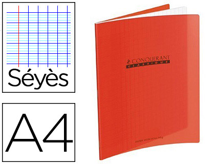 CAHIER PIQU CONQURANT CLASSIQUE COUVERTURE POLYPROPYLNE RIGIDE TRANSPARENTE A4 21X29,7CM 96 PAGES 90G SYS ROUGE