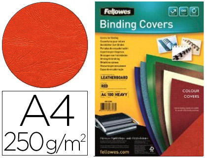 COUVERTURE FELLOWES GRAIN CUIR 250G FORMAT A4 COLORIS ROUGE PAQUET 100 UNITÉS