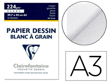 PAPIER DESSIN CLAIREFONTAINE GRAIN LGER PRONONC SANS ACIDE BLANCHEUR NATURELLE 224G A3 POCHETTE 10F