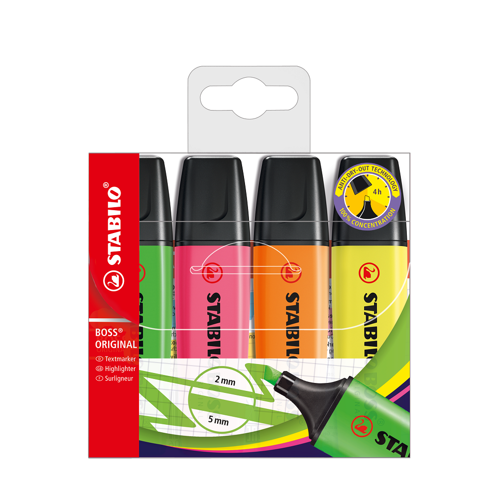 SURLIGNEUR STABILO BOSS TRAC 2/5MM POINTE BISEAUTE ENCRE UNIVERSELLE BASE EAU RSISTANTE LUMIRE POCHETTE 4 UNITS