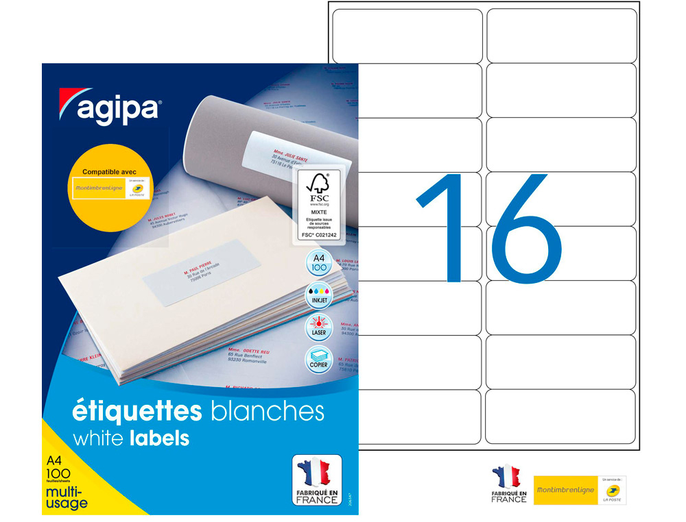 ÉTIQUETTE ADHÉSIVE APLI AGIPA MULTI-USAGE 99.1X33.9MM TOUTE IMPRIMANTE COINS ARRONDIS BOÎTE 1600 UNITÉS