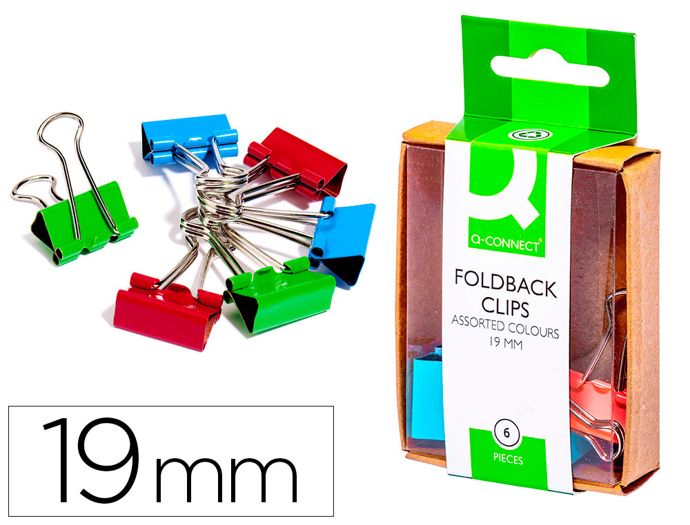 PINCE Q-CONNECT DOUBLE CLIP LARGEUR 19MM BOTE PLASTIQUE 6 UNITS COLORIS ASSORTIS