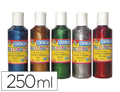 GEL PAILLETÉ OMÉGA BASE TRANSPARENTE ENRICHIE PAILLETTES COLORIS ASSORTIS BLEU VERT ROUGE OR ARGENT LOT 5 FLACONS 250ML