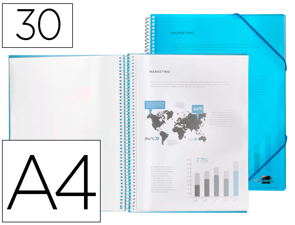 PROTGE-DOCUMENTS LIDERPAPEL POLYPROPYLNE COUVERTURE RIGIDE SPIRALE 30 POCHETTES FIXES A4 210X297MM COLORIS BLEU