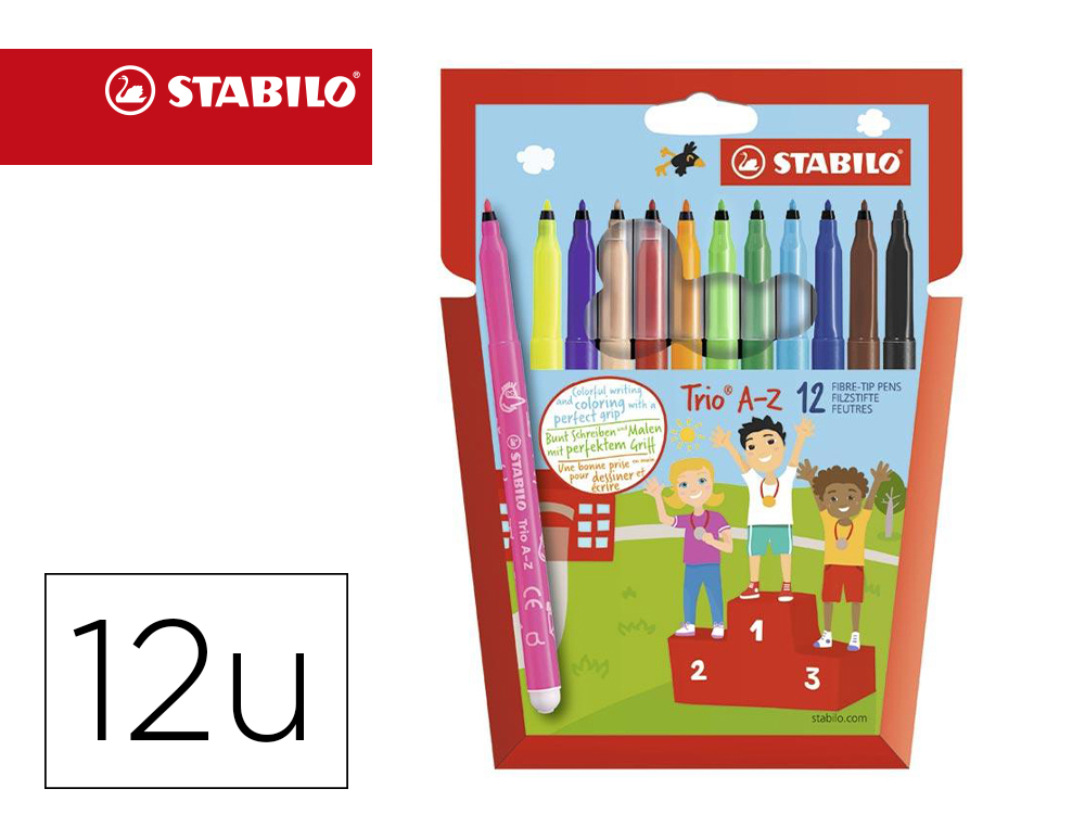 FEUTRE DE COLORIAGE STABILO TRIO A-Z COLORIS ASSORTIS     DONT 2 FLUO ETUI CARTON DE 12