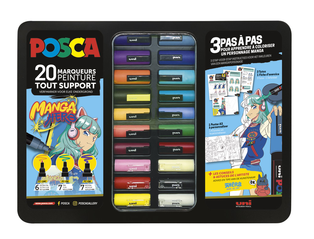 MARQUEUR POSCA COLORIS ASSORTIS MALETTE METAL NOIRE  20 UNITES